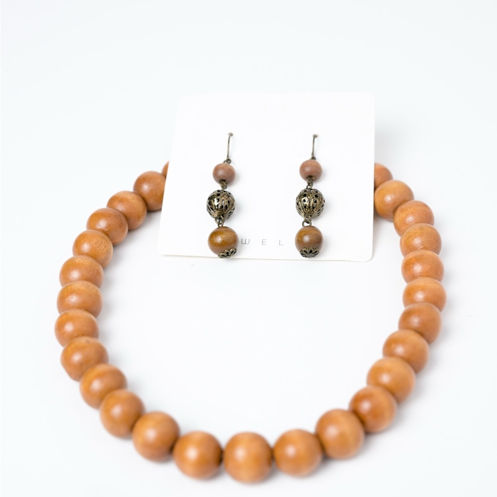 Brown Wooden Bead Necklace + Earrings Natural Jewelry
